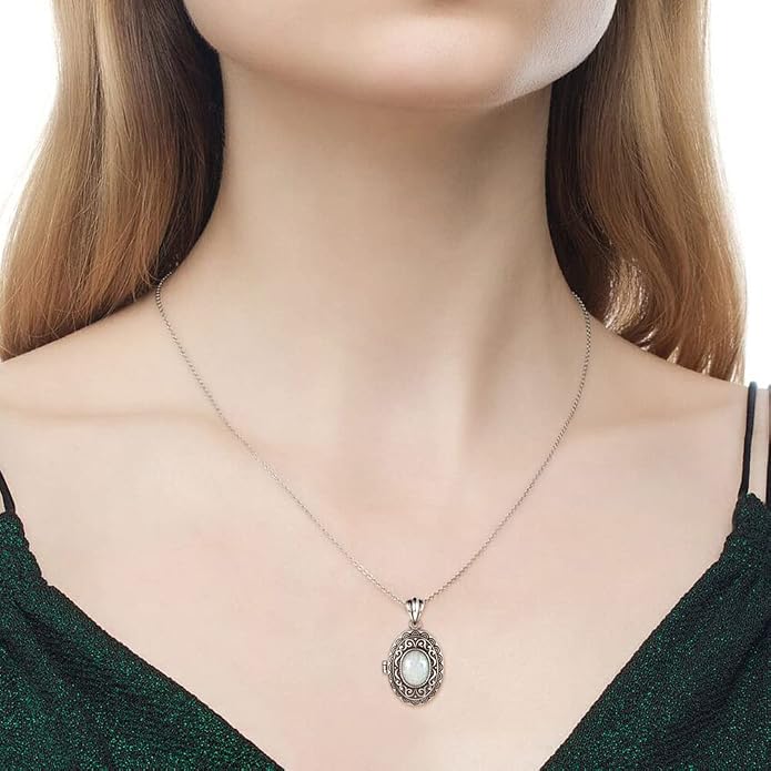 MANBU Sterling Silver Locket Necklace for Women Oval-Shaped Locket Pendant Holds Pictures Always with You Vintage Style Photos Locket Jewelry Gifts for Loved One