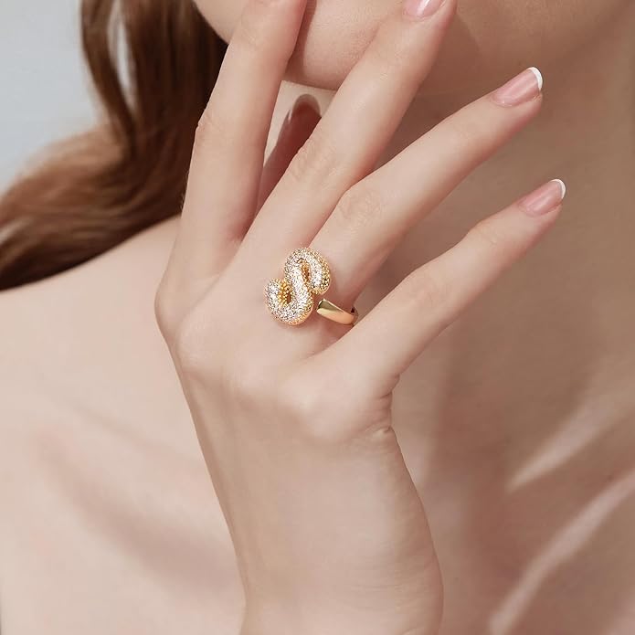 Cicy Bell Initial Rings for Women 14k Gold Plated Cubic Zirconia Delicate Letter Chunky Statement Open Rings Gifts for Her