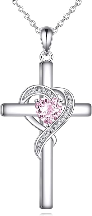 Cross Necklace for Women 925 Sterling Silver Infinity Love Heart Birthstone Pendant Necklace Cross Birthday Jewelry Gifts for Her