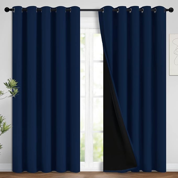 Yakamok 100% Blackout Lined Panels, Room Darkening Thermal Insulated Blackout Curtains for Bedroom, Heat Blocking Drapes for Living Room(62Wx84L, Navy Blue, 2 Panels)