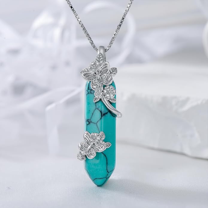 ROMANTICWORK Clover/AA/Ankh/Sun/Compass Necklace Sterling Silver Moss Agate Turquoise Butterfly/Dragonfly/Bee Pendant Jewellery Christmas Birthday Gifts for Women