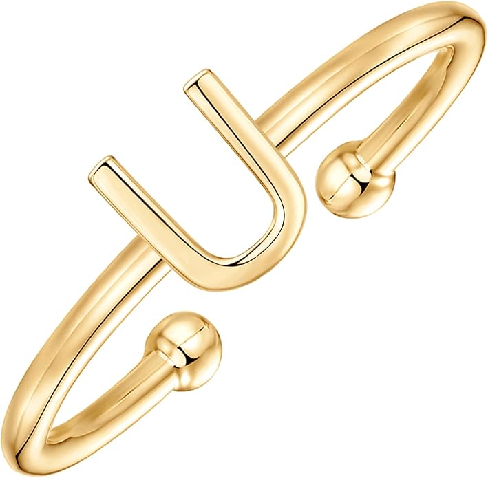 PAVOI 14K Gold Plated Initial Letter Adjustable Ring for Women - Thin Initial Band - Dainty Fashion Jewelry Gifts
