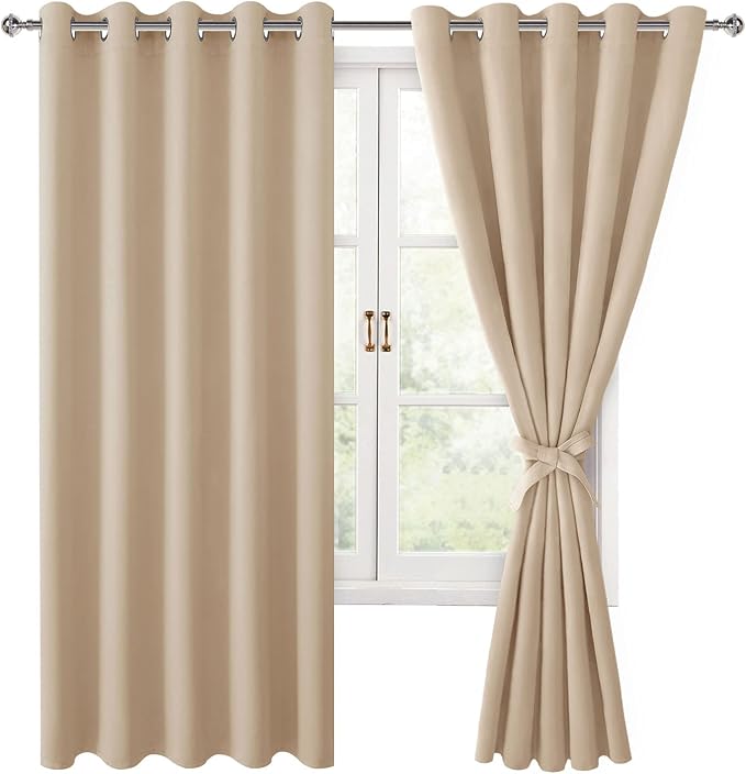 Hiasan Blackout Curtains for Bedroom, 60 x 63 Inches Length - Thermal Insulated & Energy Saving Window Curtains for Living Room, 2 Drape Panels Sewn with Tiebacks, Beige