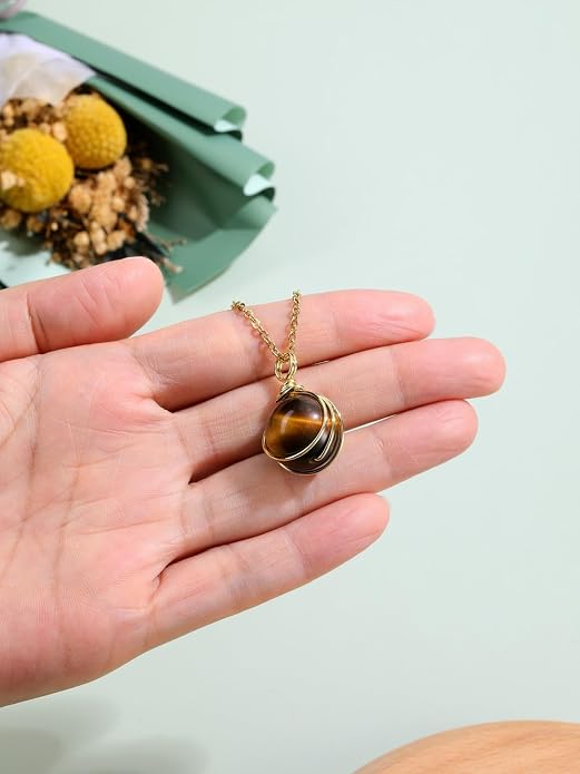 Jovivi Healing Crystal Stone Pendant Necklace Gold Wire Wrapped 16mm Natural Round Gemstone Ball Crystal Necklace for Women Men Reiki Quartz Jewelry