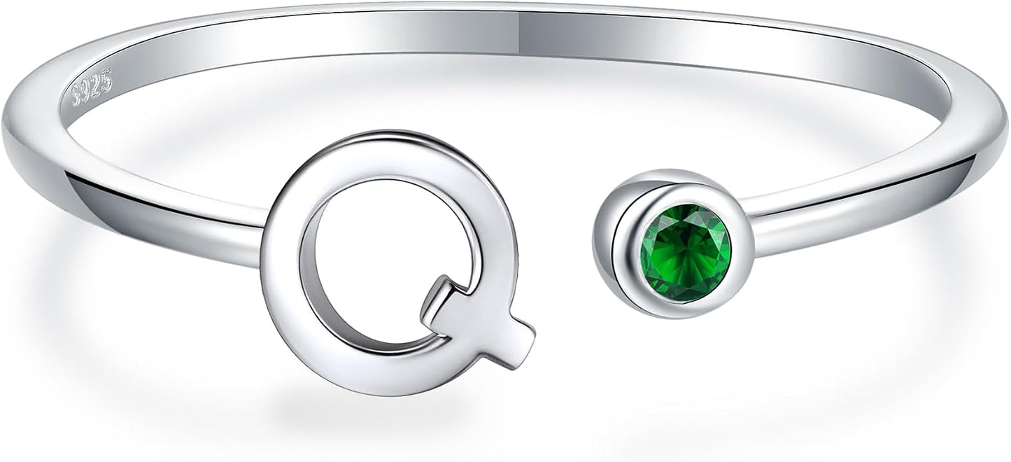 925 Sterling Silver Initial Letter Birthstone Rings for Women Adjustable 1-12 Month Birthstone Alphabet Stacking Ring for Teens Girls Stackable Birthstone Rings Birthday Jewelry Gift for Daughter Mom