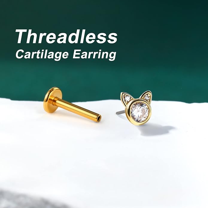 COCHARM 14K Gold Threadless Helix Cartilage Tragus Earring Stud, 16g Cat 14K Real Gold Tragus Labret Stud Flat Back, 14Kt Push Pin Helix Cartilage Piercing Jewelry