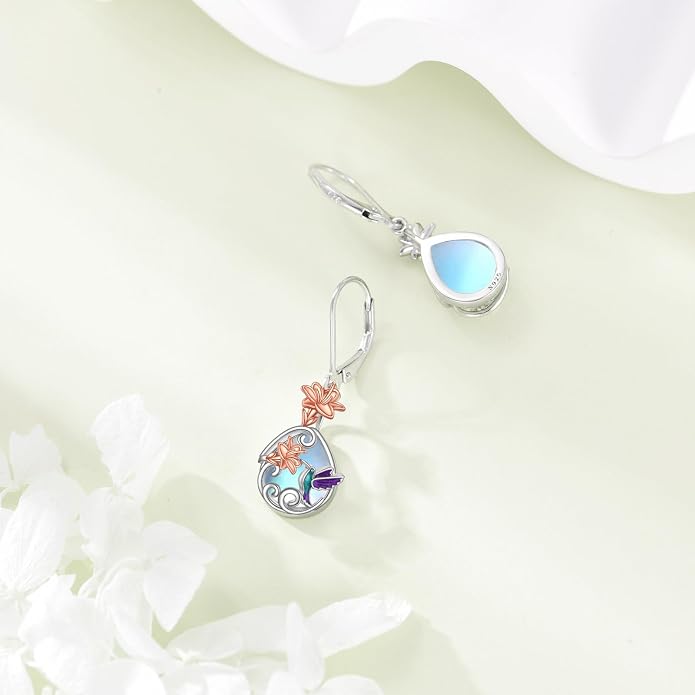 AOBOCO Teardrop Dangle Earrings for Women 925 Sterling Silver Moonstone Flower Filigree Leverback Jewelry Birthday