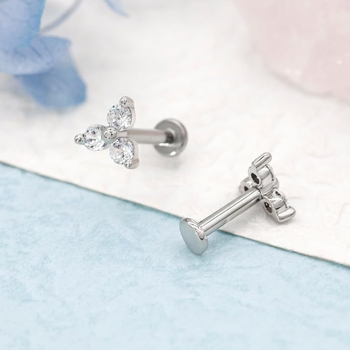 14K Yellow/White/Rose Gold Threadless Earring Top Push in 1 Pcs Triple Clear CZ Flat Back Nose Stud Threadless Cartilage Earring Helix Stud Tragus Piercing Jewelry for Women 6mm/8mm
