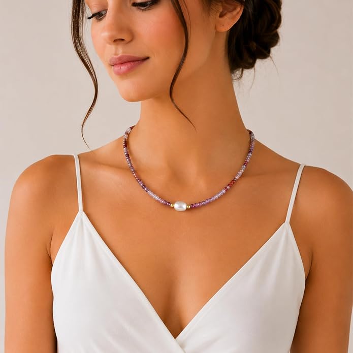 InfinityGemsArt Gemstone Gold Necklace For Women, Birthstone Natural Crystal Stone With Freshwater Pearl Beaded Jewelry, Gold Plated 18 Inch Chain