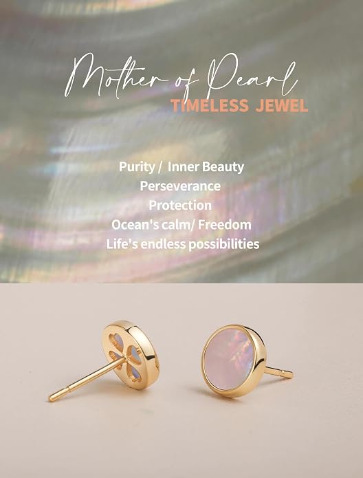 S.Leaf Gold Stud Earrings for Women 925 Sterling Silver Hypoallergenic Mother of Pearl Shell Stud Chain Earrings Friendship Jewelry Gifts for Women Her