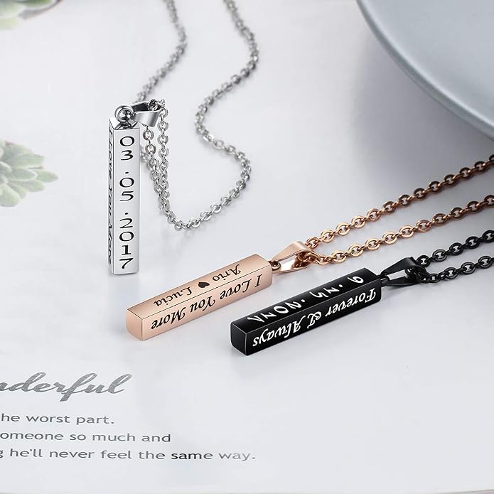 Personalized Engraved Necklace for Women Men Custom Stainless Steel Necklace Engraved Name Vertical Bar Necklace Birthday Gifts for Boyfriend (Black)