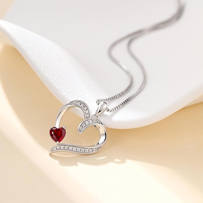 Love Heart Necklace for Women, 925 Sterling Silver Cubic Zirconia Birthstone Heart Pendant Jewelry Gift for Mom, Mother, Wife, Girlfriend on Birthday, Mother's Day, Chain 18 inch