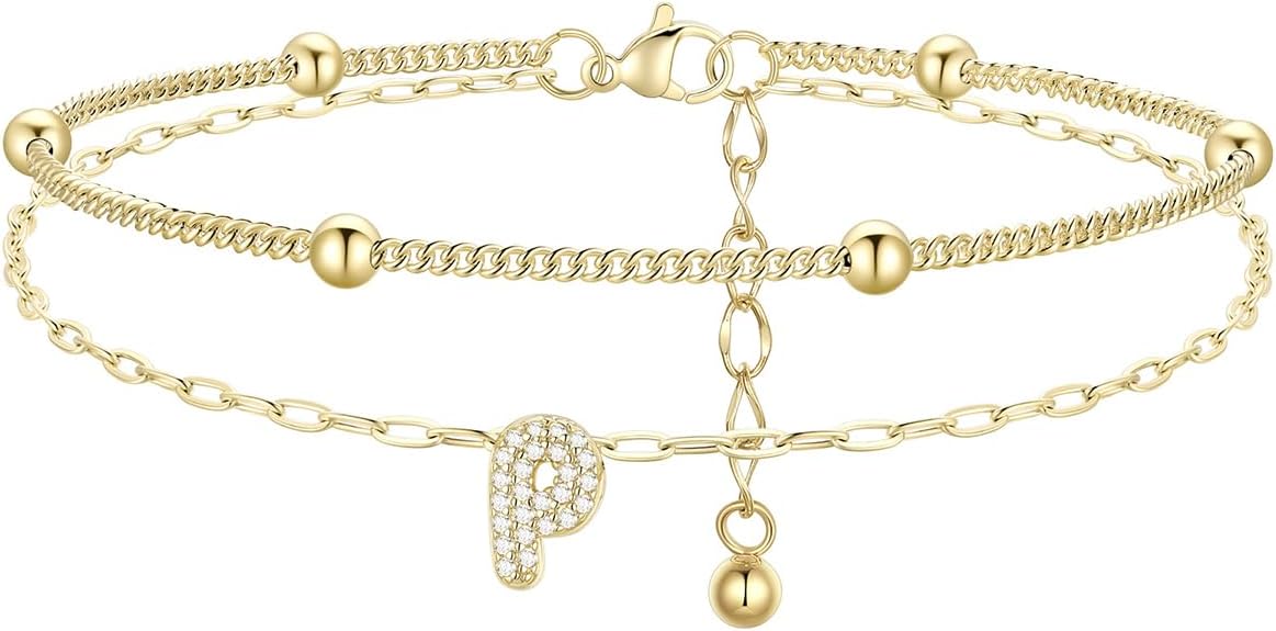 FindChic Silver/14K Gold Plated Layered CZ Initial Ankle Bracelet for Women | Waterproof Stainless Steel, Cubic Zirconia Letter Charm, Non-Tarnish, Hypoallergenic, Adjustable Extender, Summer Jewelry