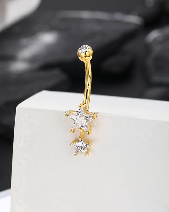 14K Gold Plated Belly Button Rings - Dangle Star 925 Sterling Silver Navel Rings for Women - 14G Belly Piercing Jewelry
