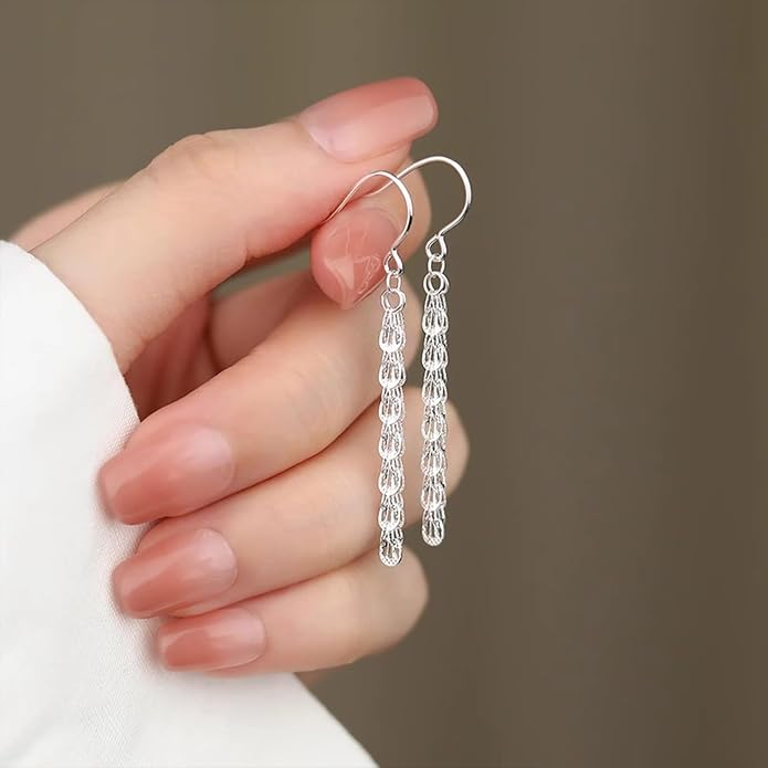925 Sterling Silver Tassel Chain Dangle Earrings for Women Sparkling Long Fringe Dangle Drop Earrings Bling Line Minimalist Wedding Studs Earring Jewelry Birthday Christmas Gifts for Her