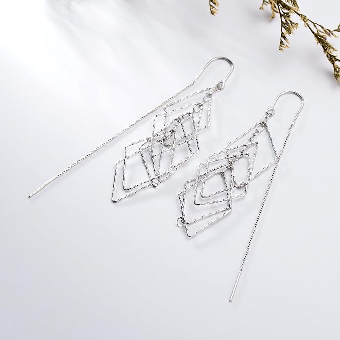 Sterling Silver Threader Earrings Flower Heart Moon Star Tiny Cube Rhombus Sector Beads Dream Catcher Evil Eye Butterfly Leaf Lightning Bolt Tassel Dangle Drop Chain Charm Earrings Jewelry Gifts for Women