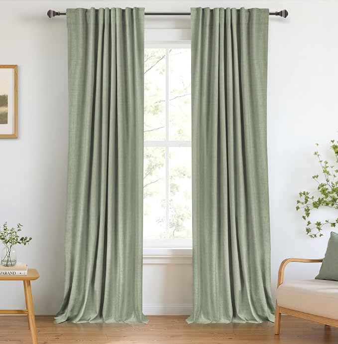 100% Blackout Shield Linen Blackout Curtains for Bedroom 96 Inches Long, Back Tab/Rod Pocket Living Room Drapes, Thermal Insulated Blackout Curtains 2 Panels Set, 50" W x 96" L, Sage