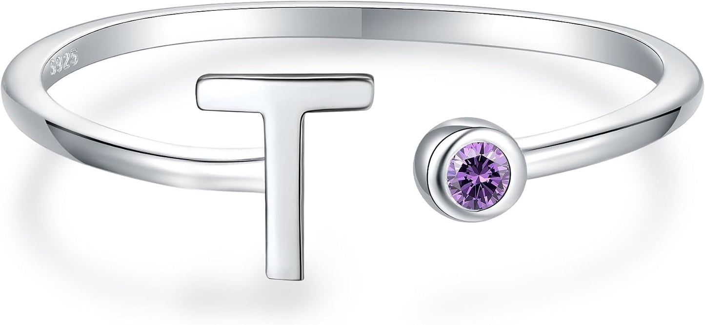 925 Sterling Silver Initial Letter Birthstone Rings for Women Adjustable 1-12 Month Birthstone Alphabet Stacking Ring for Teens Girls Stackable Birthstone Rings Birthday Jewelry Gift for Daughter Mom