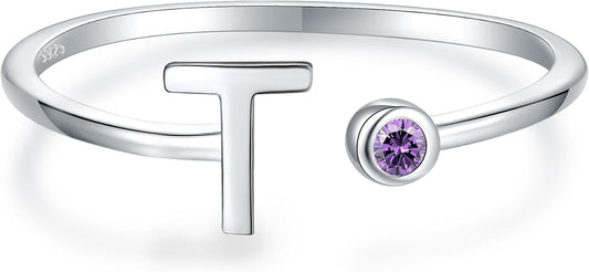 925 Sterling Silver Initial Letter Birthstone Rings for Women Adjustable 1-12 Month Birthstone Alphabet Stacking Ring for Teens Girls Stackable Birthstone Rings Birthday Jewelry Gift for Daughter Mom