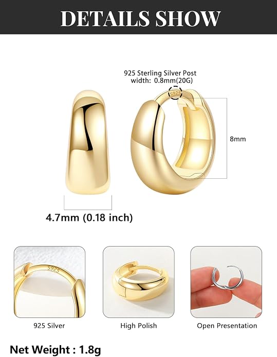 Silvora 14K Gold Plated Chunky Hoop Earrings for Women, Small Thick Huggie Hoops with 925 Sterling Silver Post, Hypoallergenic Lightweight Hoop Earrings, 8/10/12/14mm