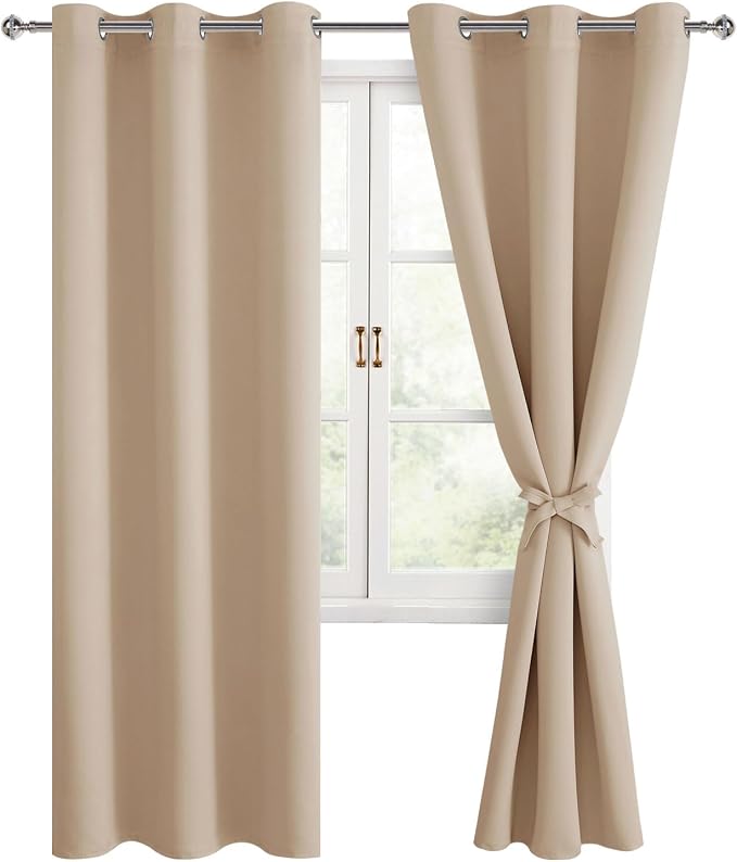 Hiasan Blackout Curtains for Bedroom, 42 x 84 Inches Long - Thermal Insulated & Energy Saving Window Curtains for Living Room, 2 Drape Panels Sewn with Tiebacks, Beige
