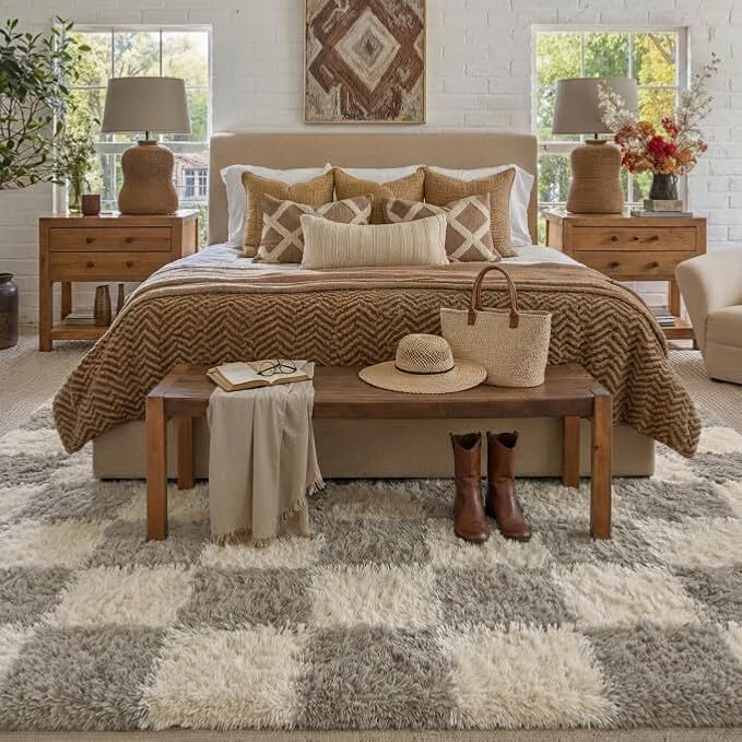 PureCozy Checkered Rug 5x7 for Living Room, Modern Grey Shag Rug Shag Rug Super Soft Washable Indoor Fuzzy Carpet Non-Slip Fluffy Rugs for Bedroom Home Aesthetic Decor
