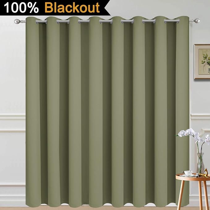 Yakamok Sage 100% Blackout Patio Door Curtain Panels W100 x L96,1 Panel | Noise Reducing Barrier Panel for Sliding Glass Door, 2 Thick Layers Heat Full Light Blocking Patio Door Drapery