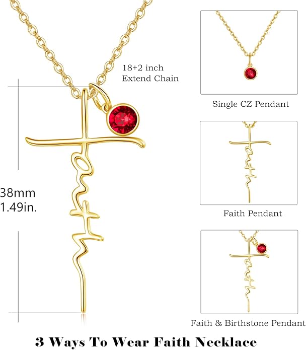 PRAYMOS Faith Cross Necklace for Women 925 Sterling Silver Pendant Necklace With Birthstone Initial Christian Religious Confirmation Baptism Mothers Day Gifts