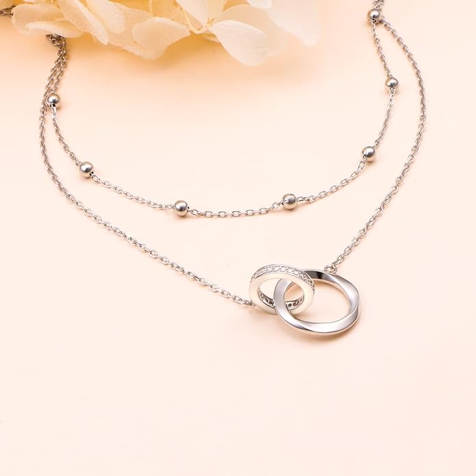 Layered Choker Necklaces for Women S925 Sterling Silver Circle/Heart/Cross/Star Multi Layered Necklace Handmade Bead Chain Adjustable Jewelry for Birthday