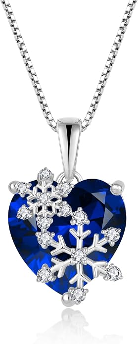 Snowflake Necklace for Women 925 Sterling Silver Heart Birthstone(White/Aquamarine/Sapphire/Pink) Pendant Necklaces Cubic Zirconia Winter Christmas Jewelry