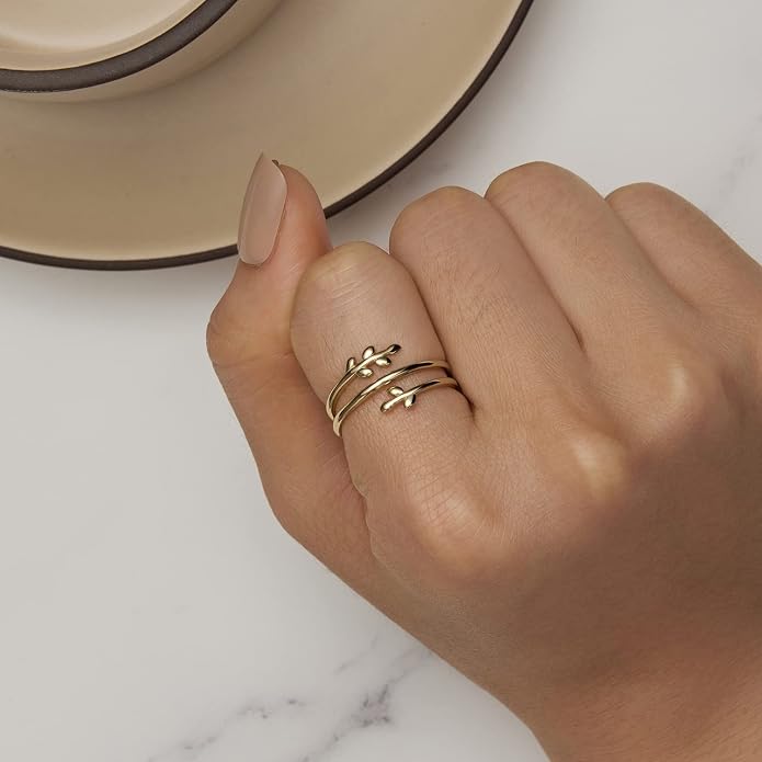 MUNDELL 925 Sterling Silver Simple Multi-layer Leaf Adjustable Ring Green Lucky Leaves Statement Ring for Women Promise Ring Fine Jewelry