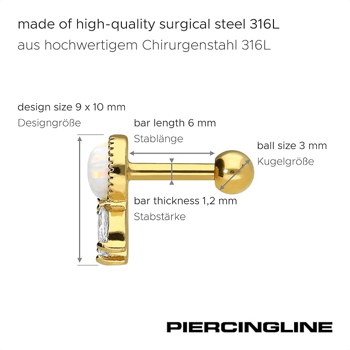 PIERCINGLINE 16G Surgical steel 316L ear piercing jewelry | SETTED CRYSTALS + SYNTHETIC OPAL | Helix Tragus Cartilage Stud earring