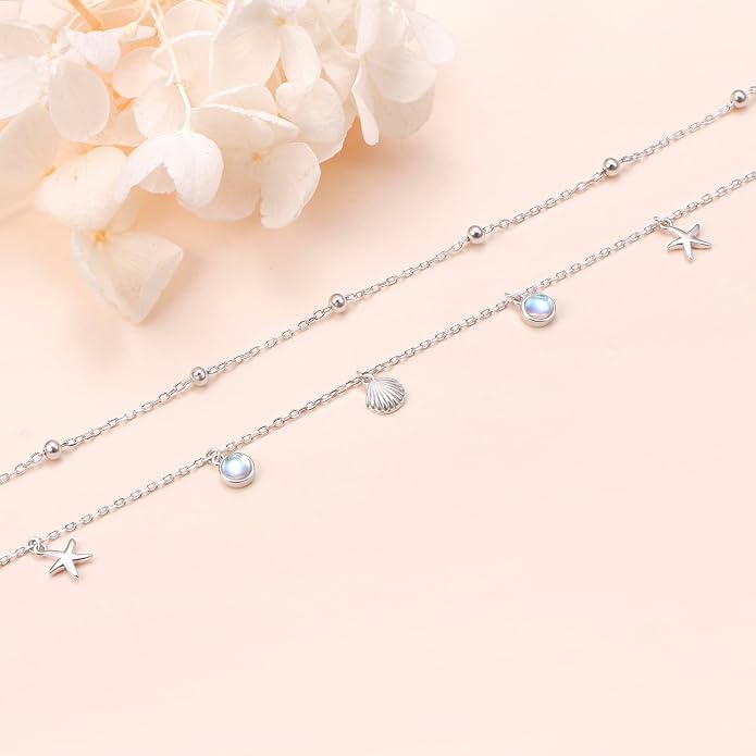Ladytree S925 Sterling Silver Boho Beach Double Layer Anklets Bracelet for Women Adjustable 9 to 11 inches