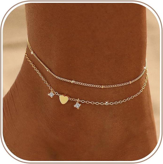 Ankle Bracelets for Women 14K Gold/Silver Plated Cross Heart Bead Anklet Waterproof Adjustable Chain Non Tarnish Cute Boho Trendy Dainty Summer Beach Foot Jewelry Gift for Her