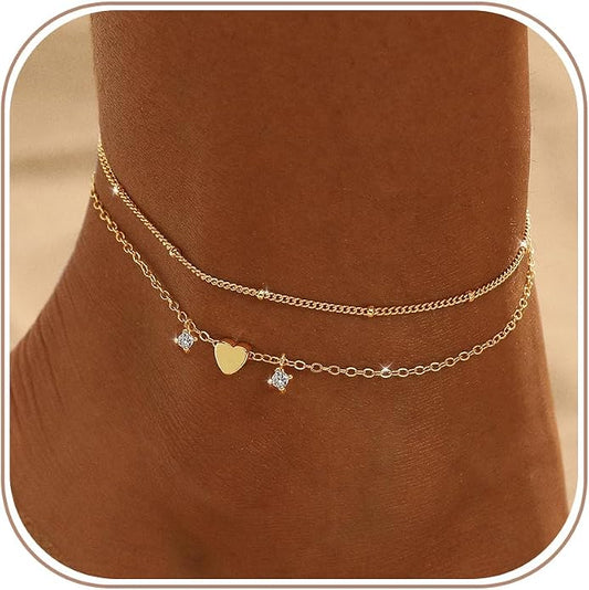 Ankle Bracelets for Women 14K Gold/Silver Plated Cross Heart Bead Anklet Waterproof Adjustable Chain Non Tarnish Cute Boho Trendy Dainty Summer Beach Foot Jewelry Gift for Her