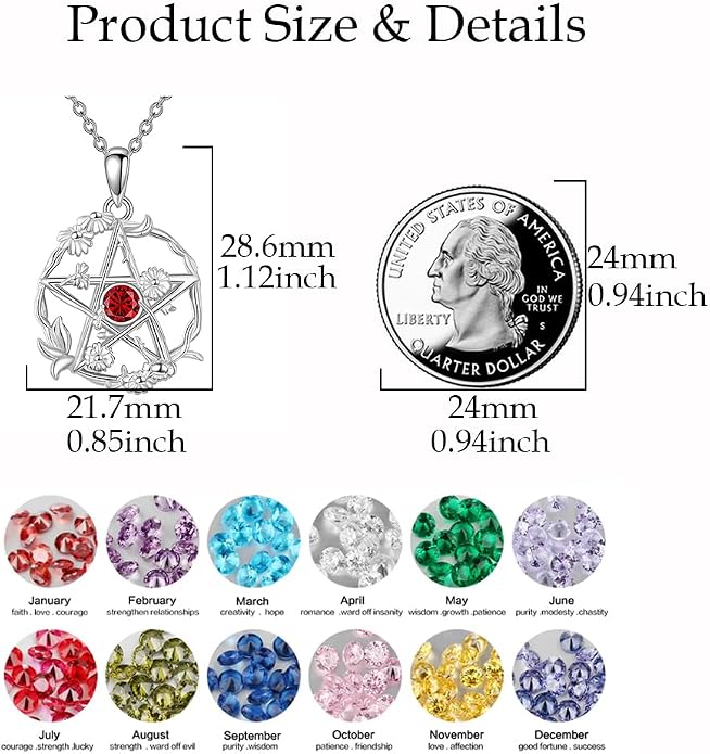 Birthstone Pentagram Necklace for Women 925 Sterling Silver Pentacle Daisy Pendant Pentacle Jewelry Birthday Gifts