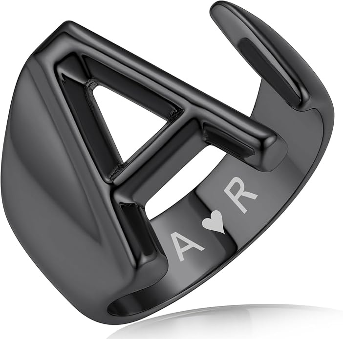 KeyStyle Bold Initial Letter Rings Adjustable, GoldChic Jewelry Women Gold Statement Ring Personalized Engraved Women’s Open Signet Ring for Party (Gold, White Gold, Black)