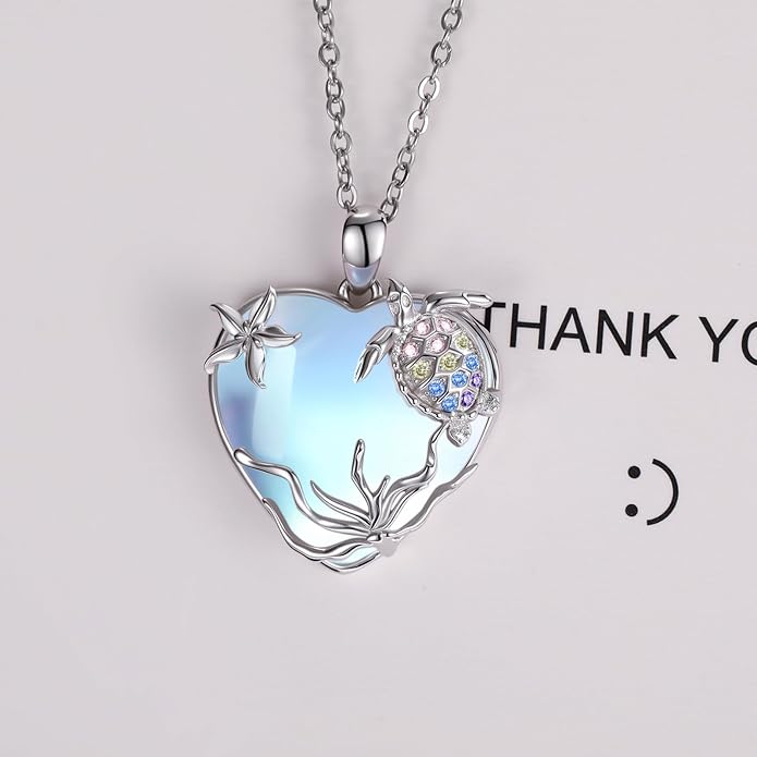 Sea Turtle/Seaweed Necklace for Women 925 Sterling Silver Heart of the Ocean Moonstone Pendant Necklace Turtle Moonstone Jewelry Gift for Wife Mom