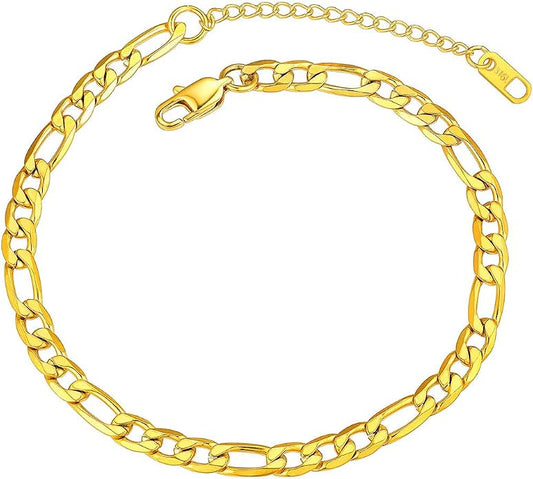 ChainsPro Resizable Anklet Chain for Women Men, Figaro/Wheat/Twist Rope/Cuban Foot Bracelet-Strong with Good Clasp-18K Gold Plated(Send Gift Box)