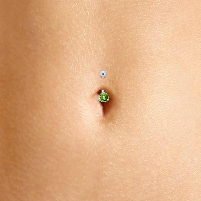 AFFY Internally Threaded Belly Button Navel Ring for Women, Three-Prong Round Simulated Birthstone in 14K Gold Over 925 Sterling Silver, Body Piercing Jewelry Gift