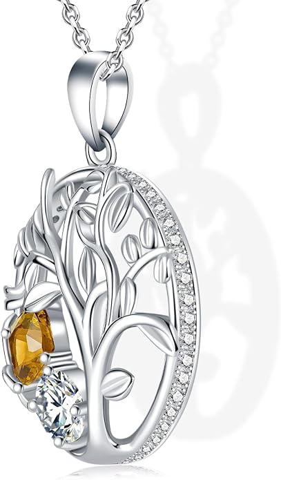 Tree of Life Birthstone Necklace for Women 925 Sterling Silver Birthstone Pendant 12 Months Necklaces with Zircon Birthday Gifts for Women, Mom, Grandma Cable Chain 18"+2"