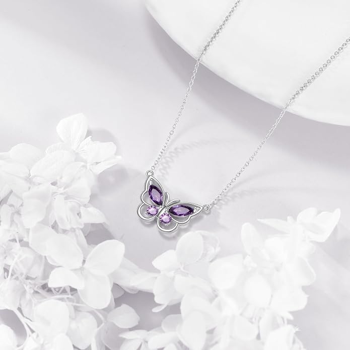 Butterfly Necklace for Women 925 Sterling Silver Crystal Butterfly Pendant Birthstone Amethyst Jewelry Gift