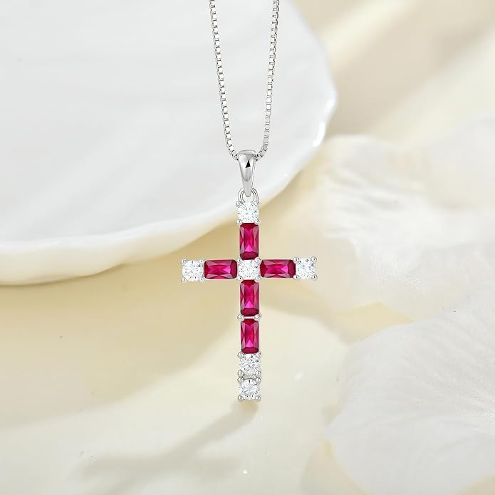 Birthstone Cross Necklace for Women 925 Sterling Silver Christian Religious Crucifix Pendant Rectangular Cut Birthstone Jewelry Gifts for Her
