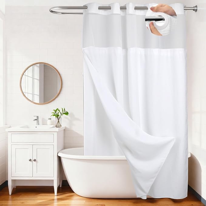 River Dream Heavyweight No Hooks Required Dotted Waffle Weave Shower Curtain with Snap in Liner - 71W x 98H,Hotel Grade,Spa Like Bath Curtain,White