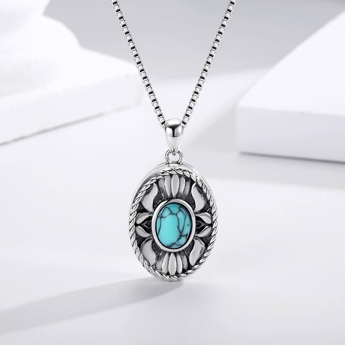 925 Sterling Silver Oval Turquoise Lockets Pendant that Holds Pictures Vintage Jewelry Memorial Gifts for Women