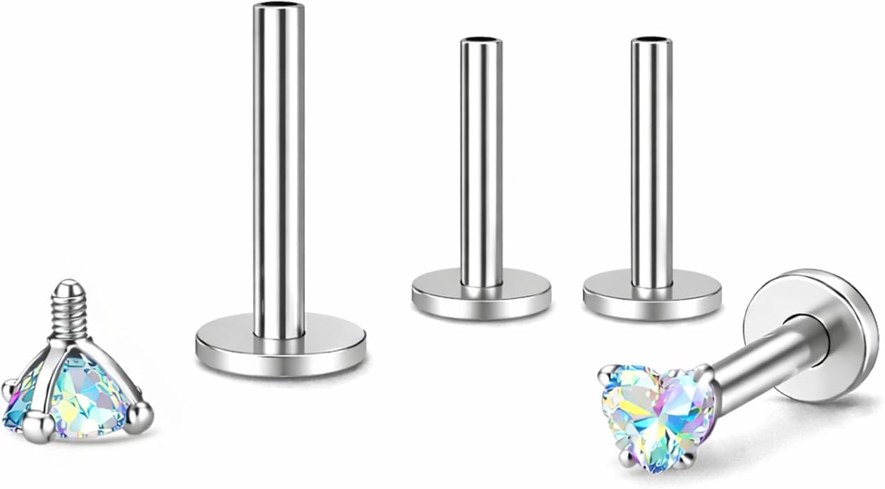 Titanium Heart CZ Labret Stud Earrings for Piercings by Ginger Lyne 6Pc Set G23 Screw Front Flat Back Body Jewelry 2 pair post 6mm, 8mm Cartilage, Helix, Tragus, Lip, Conch, Lobe