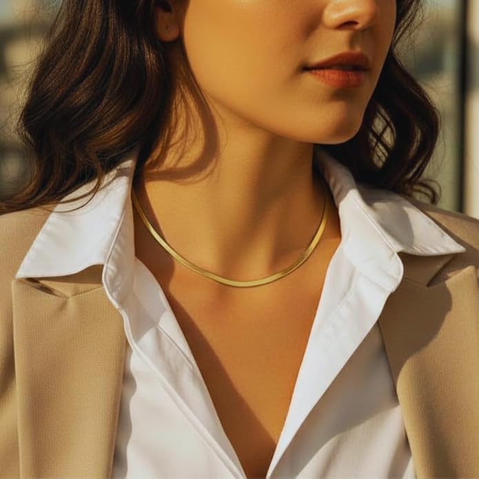 Gold Herringbone Chain Necklace For Women - 18K PVD Gold Waterproof & Sweatproof Non Tarnish Choker Necklace - 16 Inch - Family Owned Brand - Made in USA