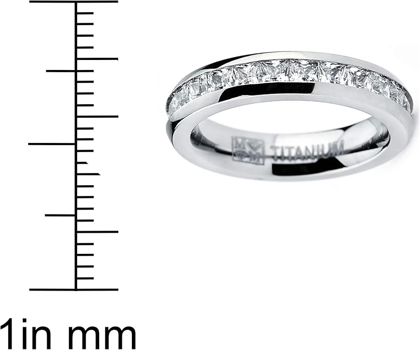 Metal Masters 3MM High Polish Princess Cut Ladies Eternity Titanium Ring Wedding Band with Cubic Zirconia CZ Size 4 To 9