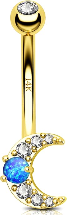 Jewseen 14K Gold Belly Button Rings Moon Belly Rings CZ Belly Button Piercing Opal Navel Rings Navel Piercing Jewelry for Women