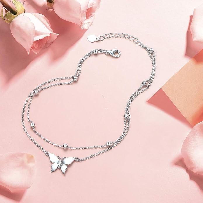 Flyow Anklet for Women S925 Sterling Silver Adjustable Foot Beaded Heart Charm Ankle Bracelet Anklets Jewelry